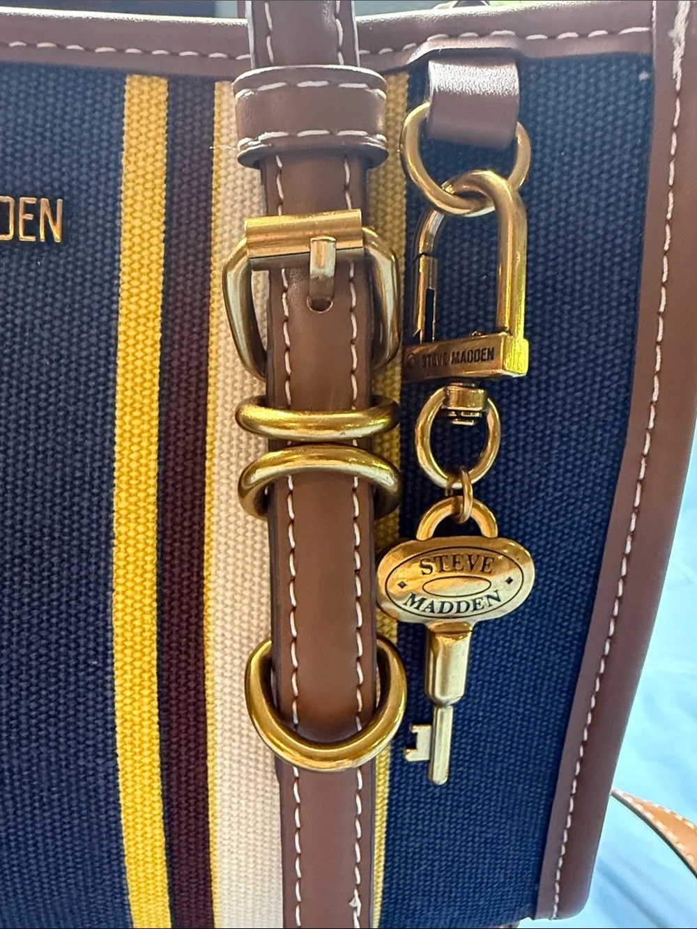 Steve Madden Navy, Brown & Yellow Striped Satchel